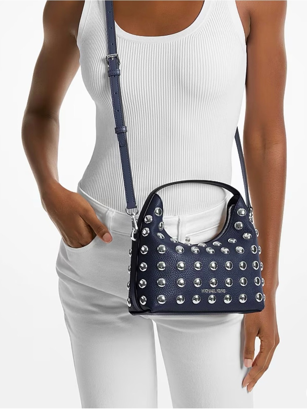 Michael Kors Navy Studded Pebbled Leather Shoulder Bag - Picture 3 of 5